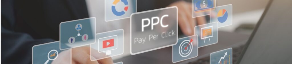 A pay per click (PPC) icon on a screen beside other digital marketing symbols