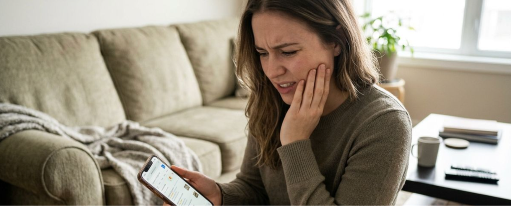 Person sits on a couch holding their cheek with a pained expression while looking at a smartphone screen.