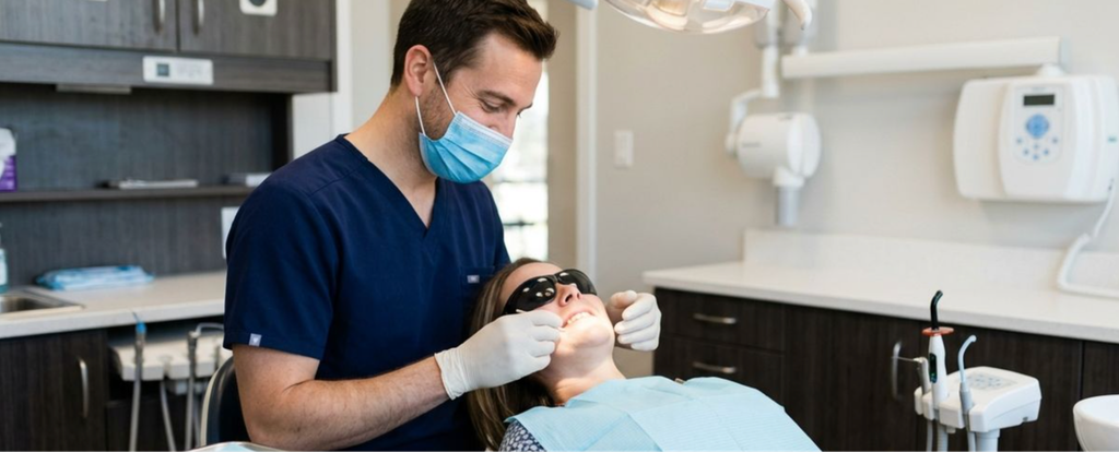 Dentist examines a smiling patient reclined in a dental chair wearing protective eyewear, under an overhead exam light.