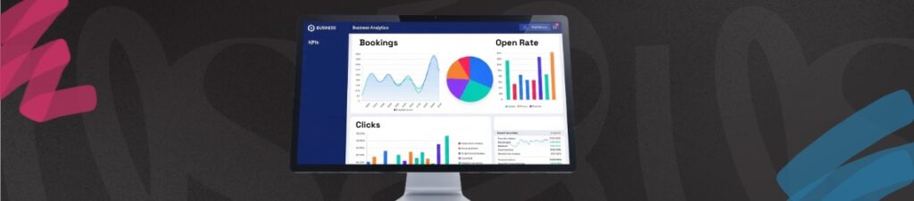 A computer screen showing key metrics including bookings, open rate, and clicks, with graphs and charts showing data.
