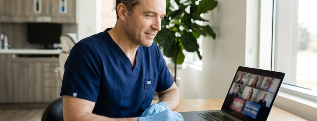 Clinician in scrubs and gloves smiling during a video call on a laptop at a desk in a medical office.