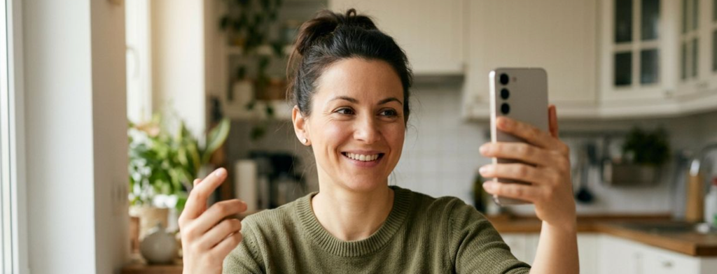 Woman smiling while taking a virtual call on her phone at a kitchen table.
