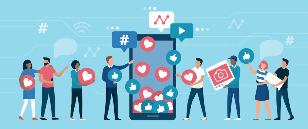 Vector image of people pointing at a giant phone with social media icons surrounding it