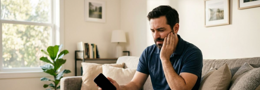 Adult sitting on a sofa holding a phone, pressing one hand to their cheek with a concerned expression, in a living room.
