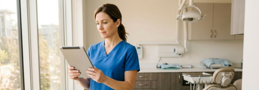 Dentist standing by a window in a dental clinic, focused on a tablet, with a dental chair and equipment visible behind them.