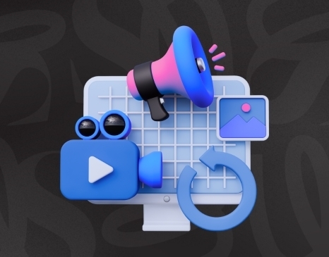 A 3D rendering of a computer screen, video camera, megaphone, and image icon displaying the connection needed in an effective marketing strategy