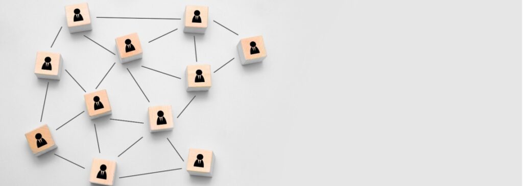 Squares with icons of people connected by lines, representing a referral network of people.