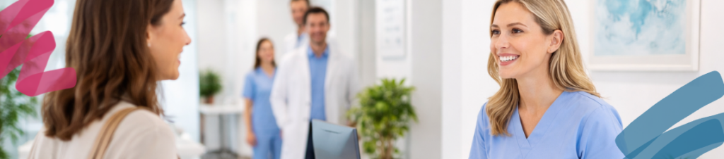 A patient entering a dental clinic and being greeted