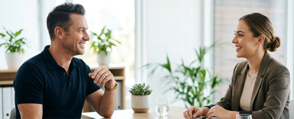 Two smiling adults talking across a wooden desk in a bright office, with water glasses, a notebook, and small plants on the table.