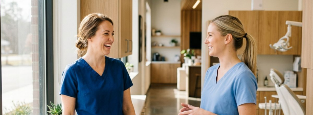 Two dental staff smiling and talking in a modern dental clinic hallway, with a dental chair and equipment visible in the background.