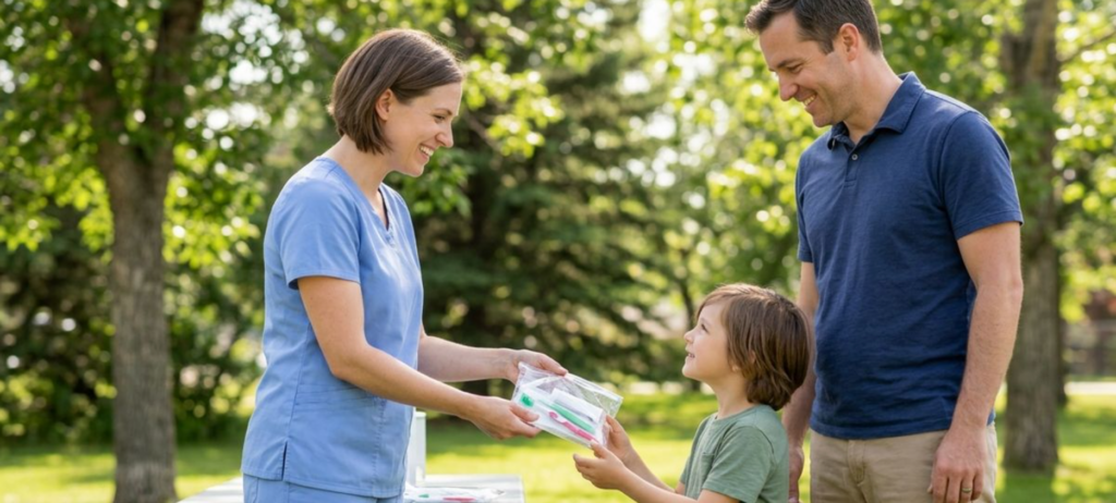 Dentist in blue scrubs hands a pouch of toothbrushes to a smiling child beside an adult, at an outdoor table in a local park.