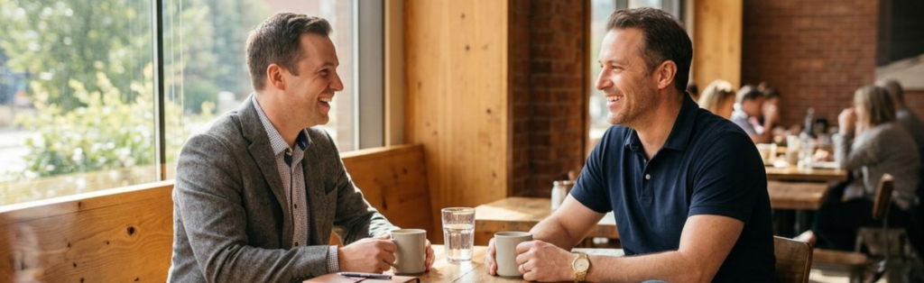 Two adults smiling and talking at a wooden table with coffee mugs by a window in a local cafe.