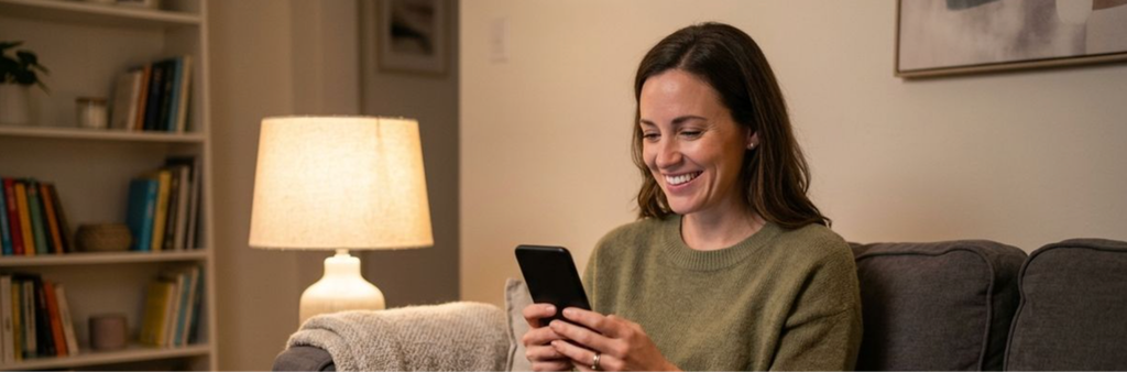 Woman sitting cross-legged on a couch, smiling while looking at a smartphone in a cozy living room.
