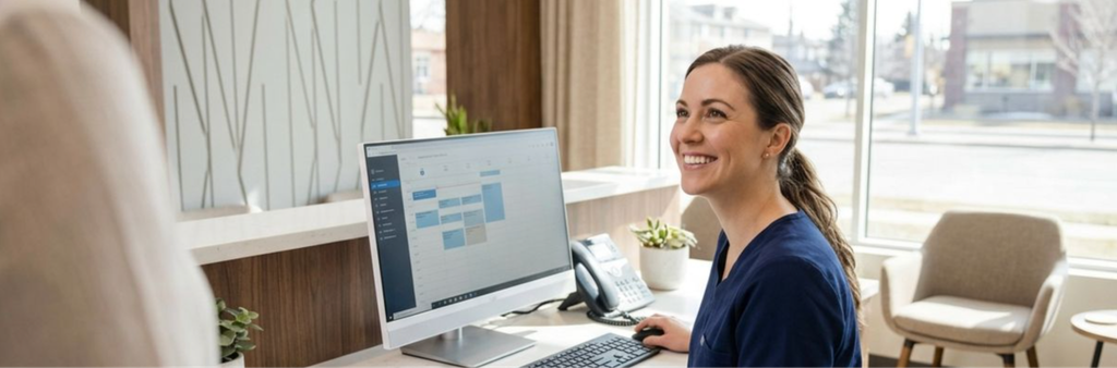 Associate smiling at front desk with scheduling software on screen, speaking with a patient at the clinic counter.