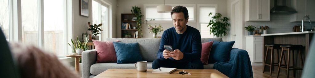 An adult sits on a living room sofa, focused on a smartphone. A coffee table holds a mug, notebook, and keys.