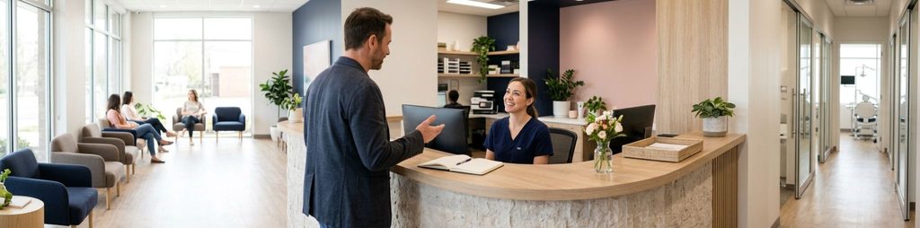 An adult stands at a clinic front desk speaking to a smiling receptionist in scrubs. Other adults sit in the bright waiting area.